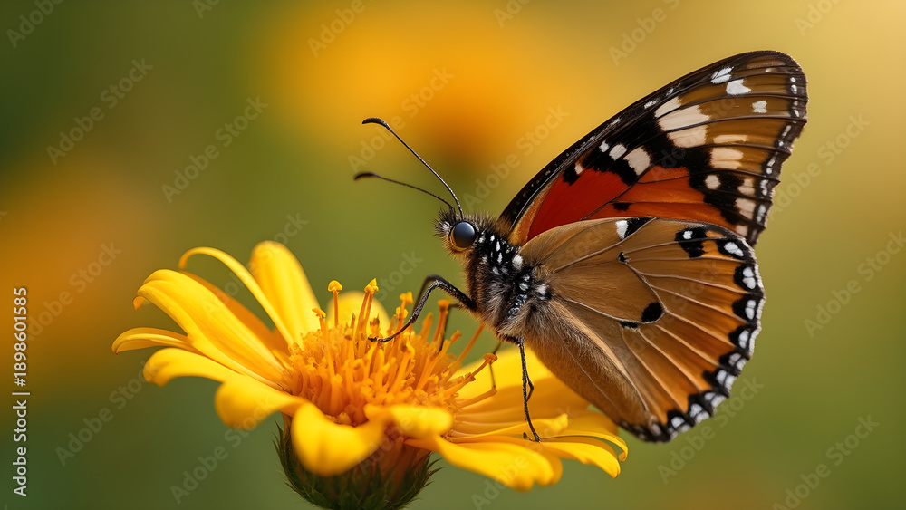 Obraz premium Butterfly resting on flower. Close-up of butterfly on bloom. Ultra realistic butterfly details. Nature photography of butterflies.