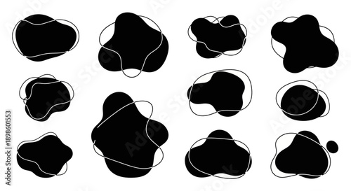 Abstract black liquid blobs with hand drawn lines.