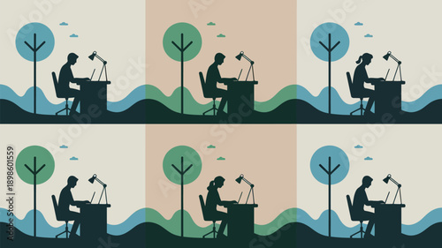 People working on laptops in modern office spaces