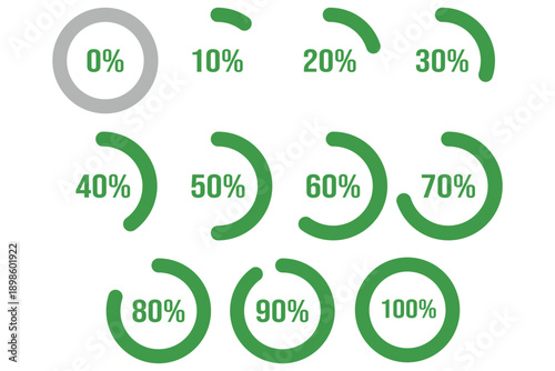 Circle diagrams icons for infographics from 100 to 0 percent. Set of round graph loading progress. Percentage loading icons. Progress bars. Pie charts indicator. Round graph loading progress set.