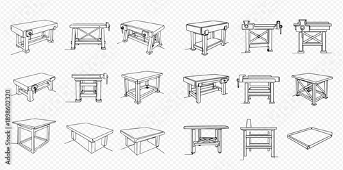Set of hand-drawn workbenches, carpentry tables, and joinery tools in various perspectives, isolated on a transparent background.