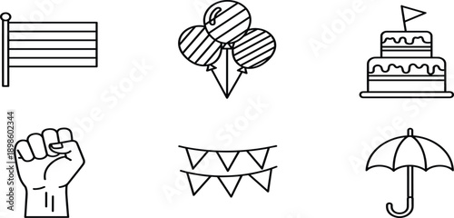 Celebration and protest line icon set featuring striped flag balloons birthday cake raised fist bunting banner and rain umbrella symbolsCelebration and protest line icon set 