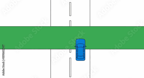 Overhead illustration of a blue car driving on a road crossing a green intersection or wide median strip. Diagrammatic top-down view for navigation and traffic safety.