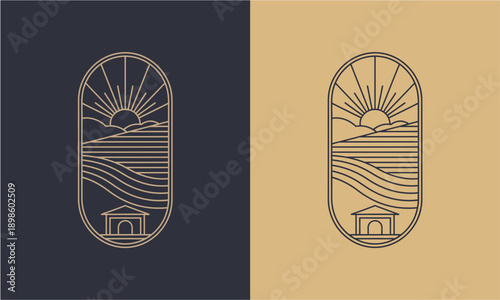 Vibrant illustration of a serene landscape with sunrise, waves, and buildings, captured in a stylized oval frame from a direct viewpoint.