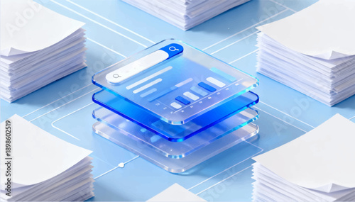Vector 3D illustration of a stack of blue, transparent, glass sheets with a search bar surrounded by stacks of documents.