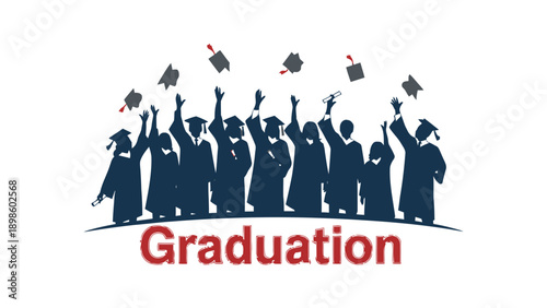A graduation logo with people celebrating and throwing caps in the air