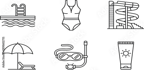 Swimming pool summer vacation line icon set featuring water slide swimsuit sunblock goggles snorkel beach umbrella and pool ladder iconsSwimming pool summer 