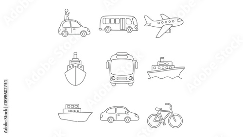 Transportation Icons: A collection of simple, black and white illustrations representing various modes of transport, perfect for visual communication and design projects.