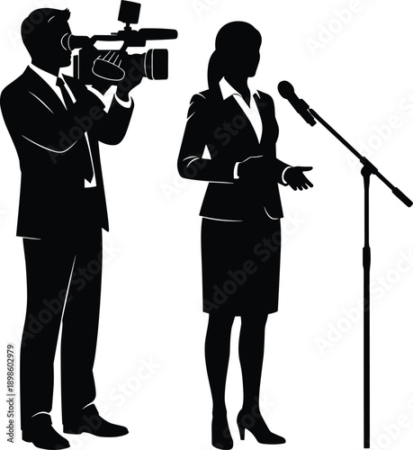 Black silhouette of professional cameraman filming female reporter speaking at microphone during press conference, journalism interview, news media coverage concept isolated on white background 