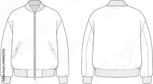 Men bomber jacket technical drawing vector illustration, front and back view zip outerwear apparel template outline fashion design clothing mockup