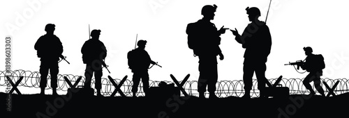 Black silhouette illustration of modern soldiers standing and patrolling behind barbed wire barricades, military defense scene, armed forces teamwork concept isolated on white background for