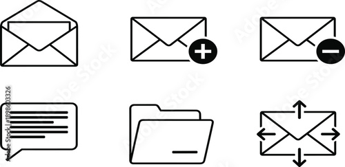 Email messaging and file management line icon set featuring open envelope add or remove mail contact speech bubble and folderEmail messaging and file management 