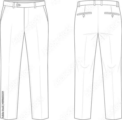 Men formal trousers technical drawing vector illustration, front and back view tailored pants apparel template outline fashion design clothing