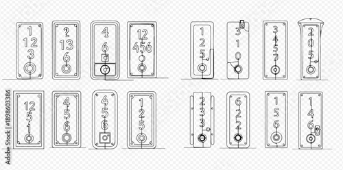 Continuous line drawing of house numbers and doorbells, set of vector illustrations.