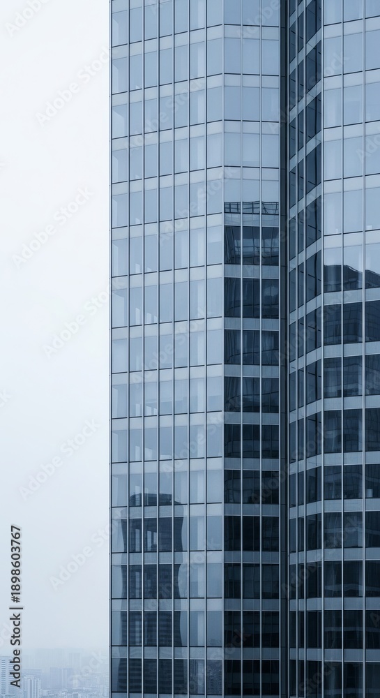 Obraz premium Modern glass skyscraper on foggy day in urban cityscape