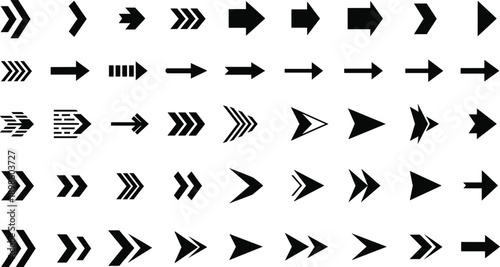 Collection of black arrow icons set showing directions, styles and pointers for user interface design, navigation, infographic elements, web symbols, illustration isolated on background