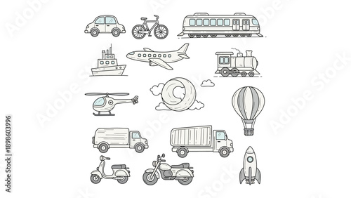 Transportation Illustration: A collection of various transportation modes artfully illustrated, representing diverse travel and movement options.