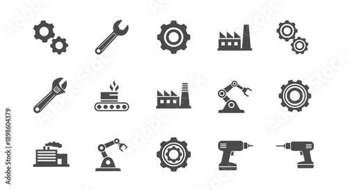Industrial icons representing gears, tools, factories, and robotic arms with a clean design