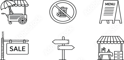 Street food retail line icon set featuring food cart no litter sign menu board sale hanging sign and market stallStreet food retail line icon set featuring food cart no litter sign 