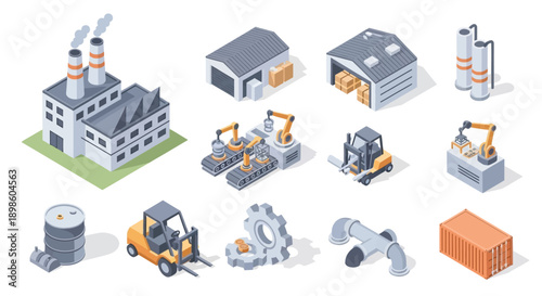 Isometric factory and industry icons showing production, storage, and transport elements