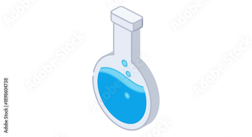 Isometric illustration of a laboratory flask with blue liquid for scientific concepts