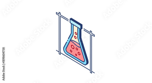 Isometric illustration of a laboratory flask with red liquid and bubbles on white backdrop