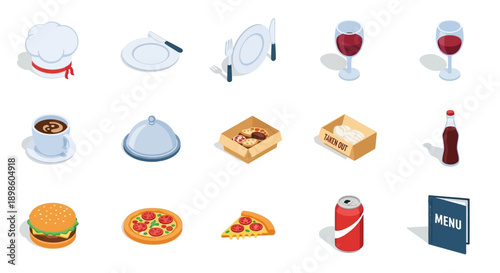 Isometric Restaurant Icons Depicting Cuisine, Beverages, and Culinary Accessories, Set