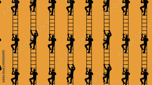 Silhouettes of people climbing multiple ladders on vibrant orange background