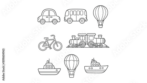 Vehicular Voyage: An assorted assembly of transportation vehicles, artfully sketched in minimalist style. A diverse collection of modes and machines for journeying, designed in simple monochrome.