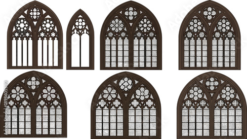 Gothic stained glass windows, architectural tracery design, medieval church art, pointed arches, historical illustration, vector set, ornate stonework, symmetrical patterns