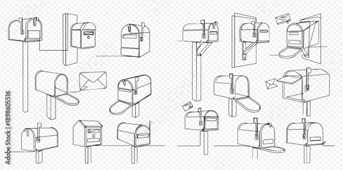 Continuous line drawing of mailboxes with letters, set of various post boxes in different styles.