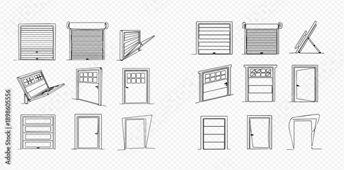 Set of garage doors and gates in various positions, line art vector illustration on transparent background.