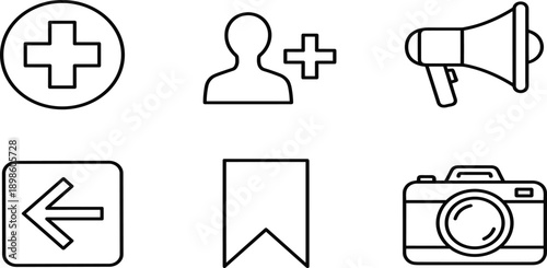 Interface and communication line icon set featuring megaphone camera add user cross sign bookmark and navigation arrow for digital app designInterface and communication line icon set featuring 