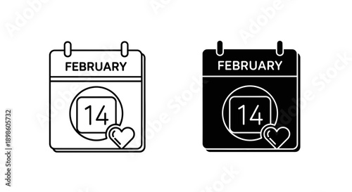 February 14th calendar page icon with a heart, signifying Valentine's Day. Available in outline and solid black for romantic and event planning.