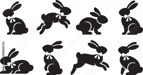 A collection of black silhouette bunnies wearing bows in different playful poses