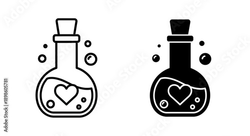 Love potion in a flask with a heart inside and bubbles, symbolizing enchantment, romance, and magical attraction. In outline and solid black.