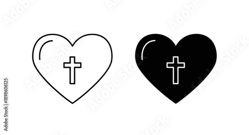 Heart with Christian cross icon outline and solid fill, representing faith and love