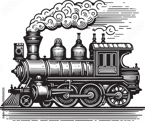 Antique vintage steam locomotive engine on a black background featuring retro railroad wheels and tracks for a classic railway transportation illustration