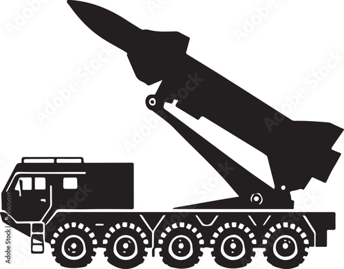 Vector illustration of a heavy duty military truck with a powerful metal artillery gun and industrial crane isolated on white for army transport and heavy equipment machinery