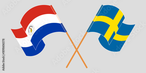 Crossed and waving flags of Republic of Paraguay and Sweden. Vector illustration