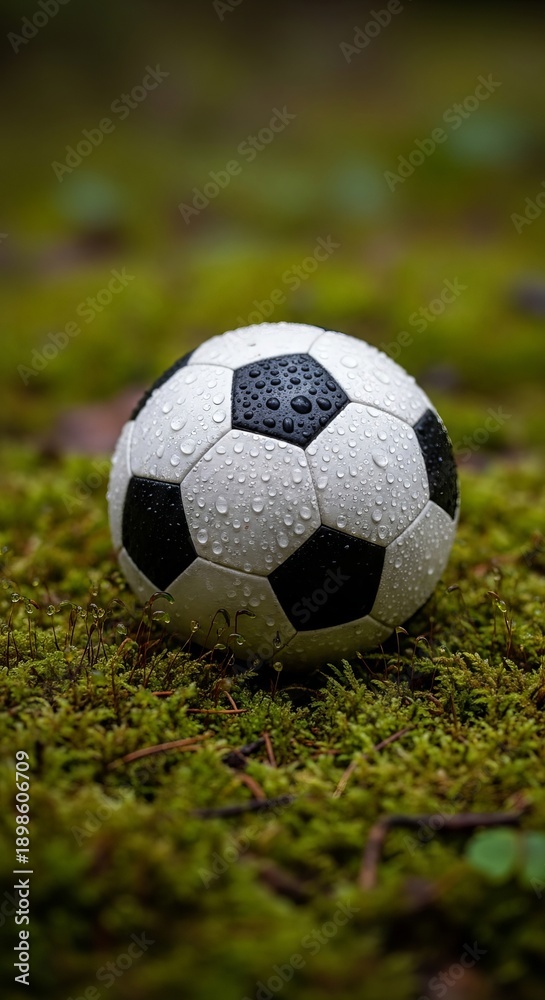 Fototapeta premium Soccer ball with water droplets on green mossy surface