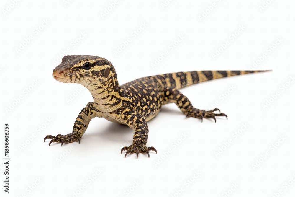 Naklejka premium Monitor Lizard Young Standing Calmly with Detailed Skin Isolated on White Seamless Background