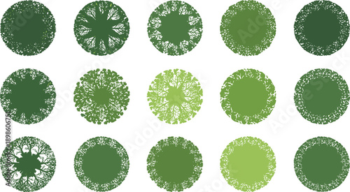 Top view tree canopy vector illustration set, green forest foliage circles, landscape map elements collection isolated on white background design