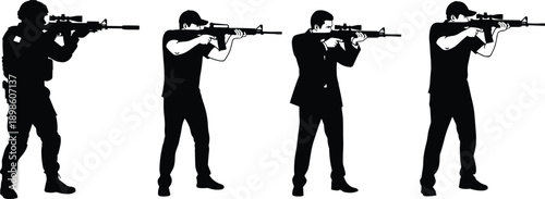 Armed shooter silhouette set featuring tactical rifle aiming stances by military and civilian figures isolated on white background vector illustration