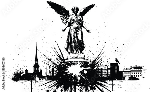 Angel statue silhouette with urban skyline and grunge splatter effect creating dramatic gothic religious artwork isolated on white background vector illustration