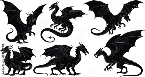 Dragon silhouette set featuring flying and standing mythical fantasy creatures with wings tails and claws isolated on white background vector illustration