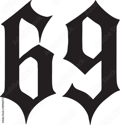 69 in vampire style  in black and white silhouette with transparent background 