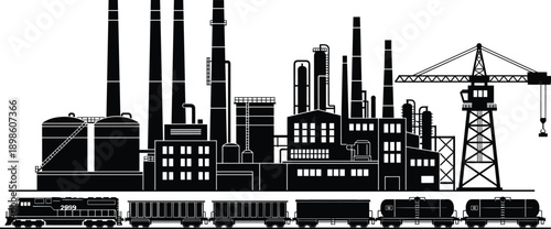 WebIndustrial factory skyline silhouette with power plants refineries cranes and freight train illustrating manufacturing infrastructure isolated on white background vector