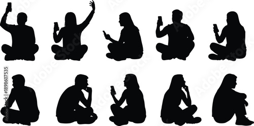 People using smartphones silhouette set showing sitting men and women texting browsing and social media activities isolated on white background vector illustration