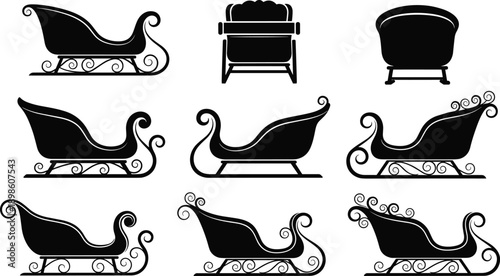 Santa sleigh silhouette set featuring decorative Christmas sled designs isolated on white background vector illustration collection